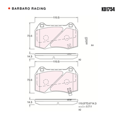 Barbaro Racing KD1754 brake pad shape drawing - 119.5 x 73.6 x 14.3 mm