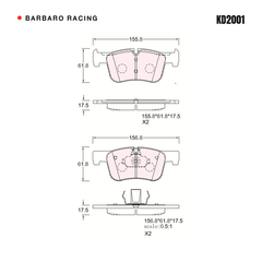 Barbaro Racing KD2001 brake pad shape drawing - 156.8 x 61.8 x 17.5 mm