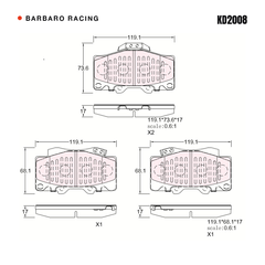 Barbaro Racing KD2008 brake pad shape drawing - 119.1 x 73.6 x 17 mm