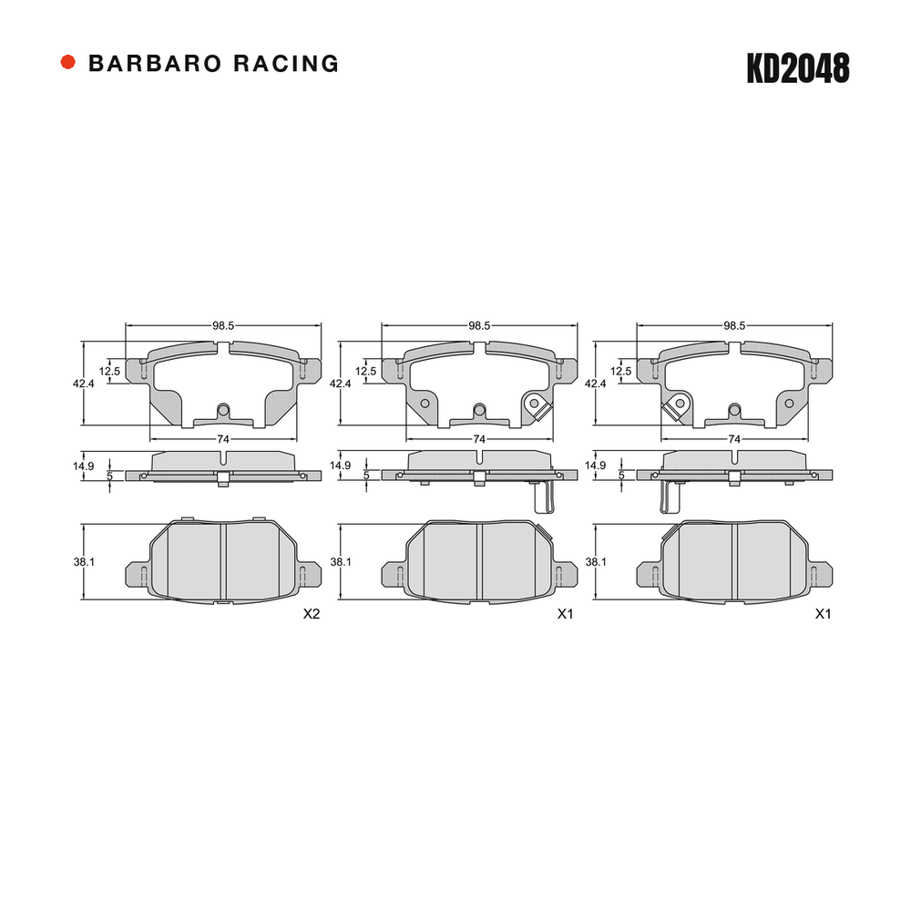 Barbaro Racing KD2048 brake pad shape drawing - 98.5 x 42.4 x 14.9 mm