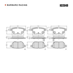 Barbaro Racing KD2048 brake pad shape drawing - 98.5 x 42.4 x 14.9 mm