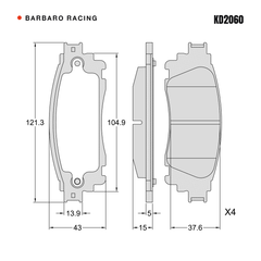 Barbaro Racing KD2060 brake pad shape drawing - 121.3 x 43 x 15 mm