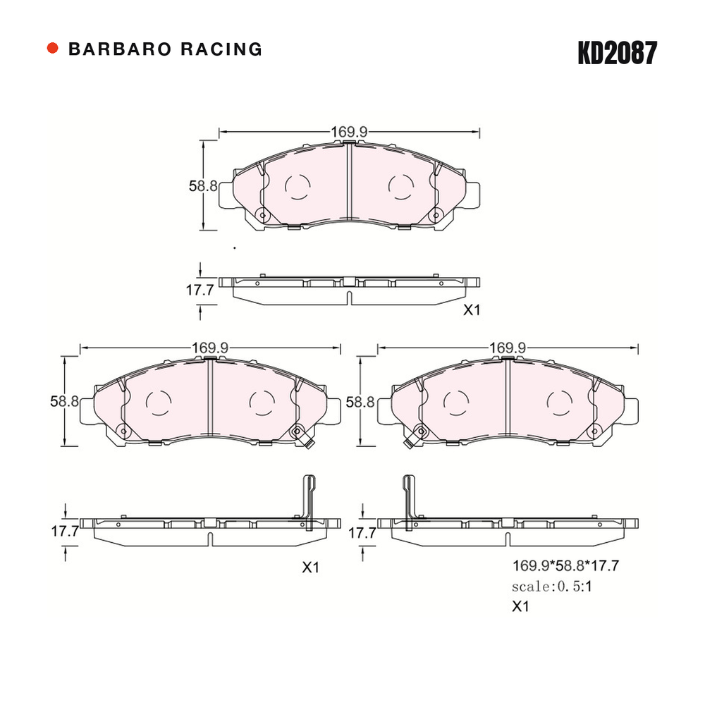 Barbaro Racing KD2087 brake pad shape drawing - 169.9 x 58.8 x 17.7 mm