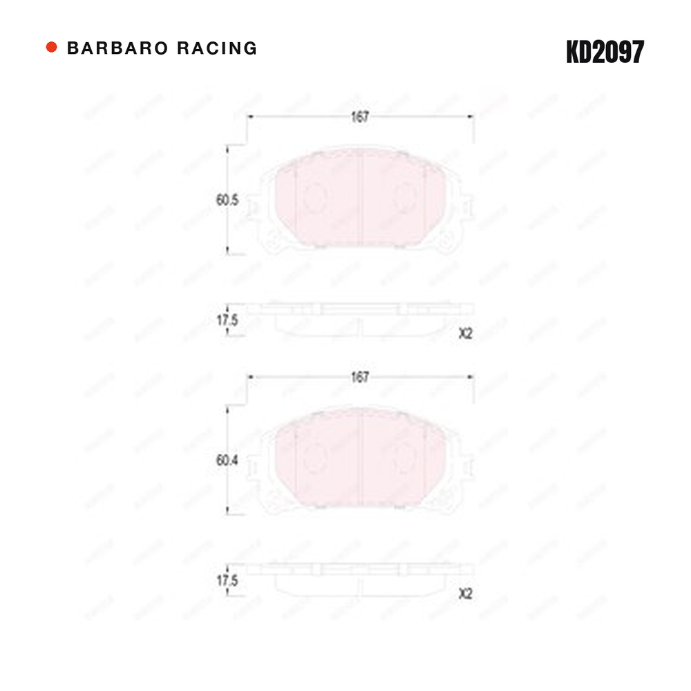 Barbaro Racing KD2097 brake pad shape drawing - 167 x 60.5 x 17.5 mm