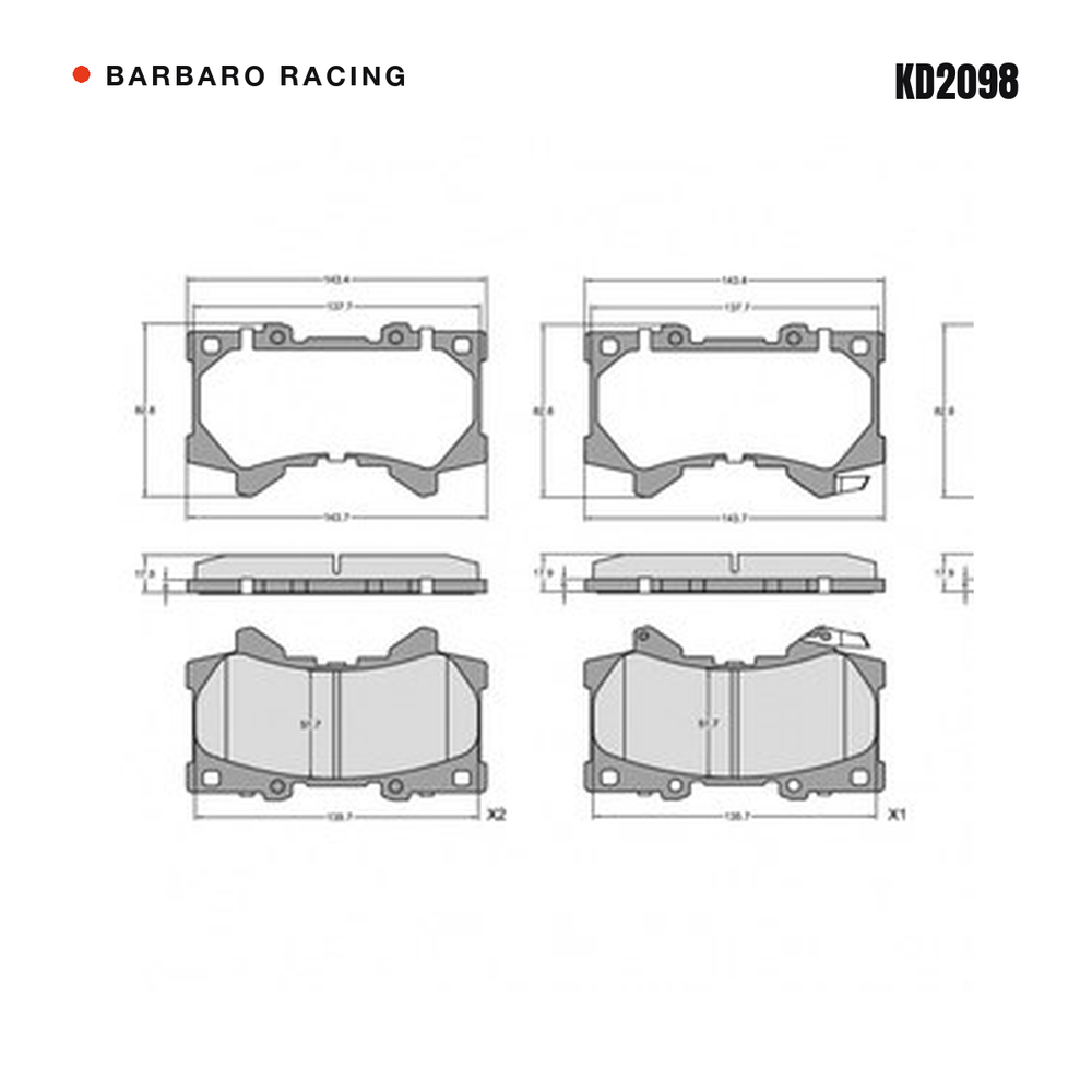 Barbaro Racing KD2098 brake pad shape drawing - 143.4 x 82.8 x 17.8 mm