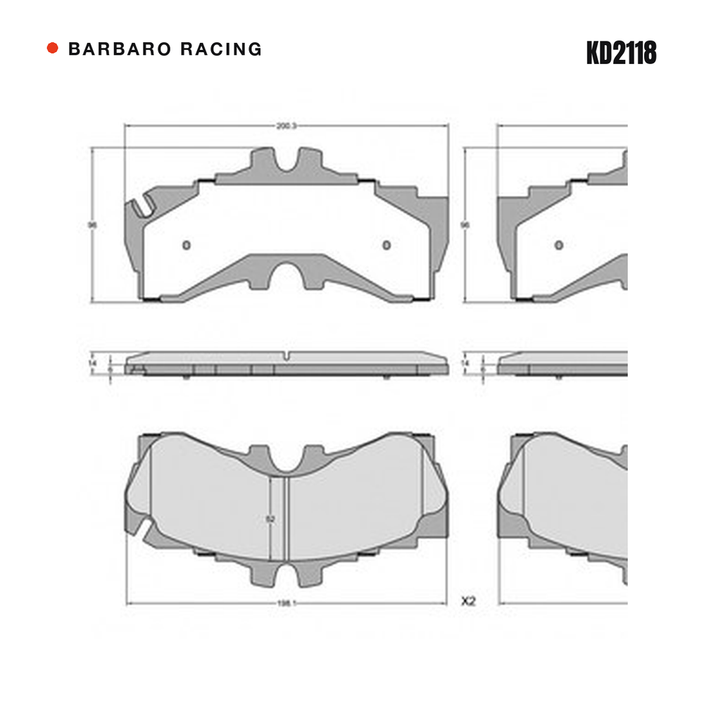 Barbaro Racing KD2118 brake pad shape drawing - 200.3 x 96 x 14 mm