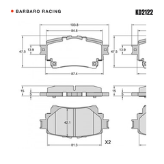 Barbaro Racing KD2122 brake pad shape drawing - 103.8 x 47.5 x 15 mm
