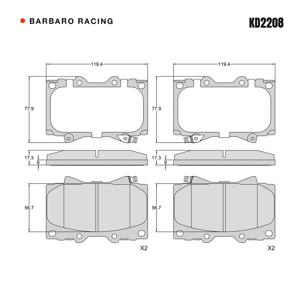 Barbaro Racing KD2208 brake pad shape drawing - 119.4 x 77.8 x 17.3 mm