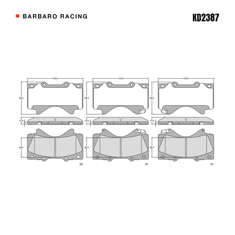 Barbaro Racing KD2387 brake pad shape drawing - 143.7 x 83.2 x 17.9 mm