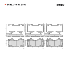 Barbaro Racing KD2387 brake pad shape drawing - 143.7 x 83.2 x 17.9 mm