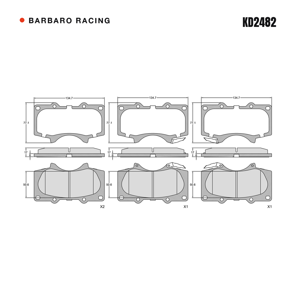 Barbaro Racing KD2482 brake pad shape drawing - 134.7 x 77.1 x 17 mm