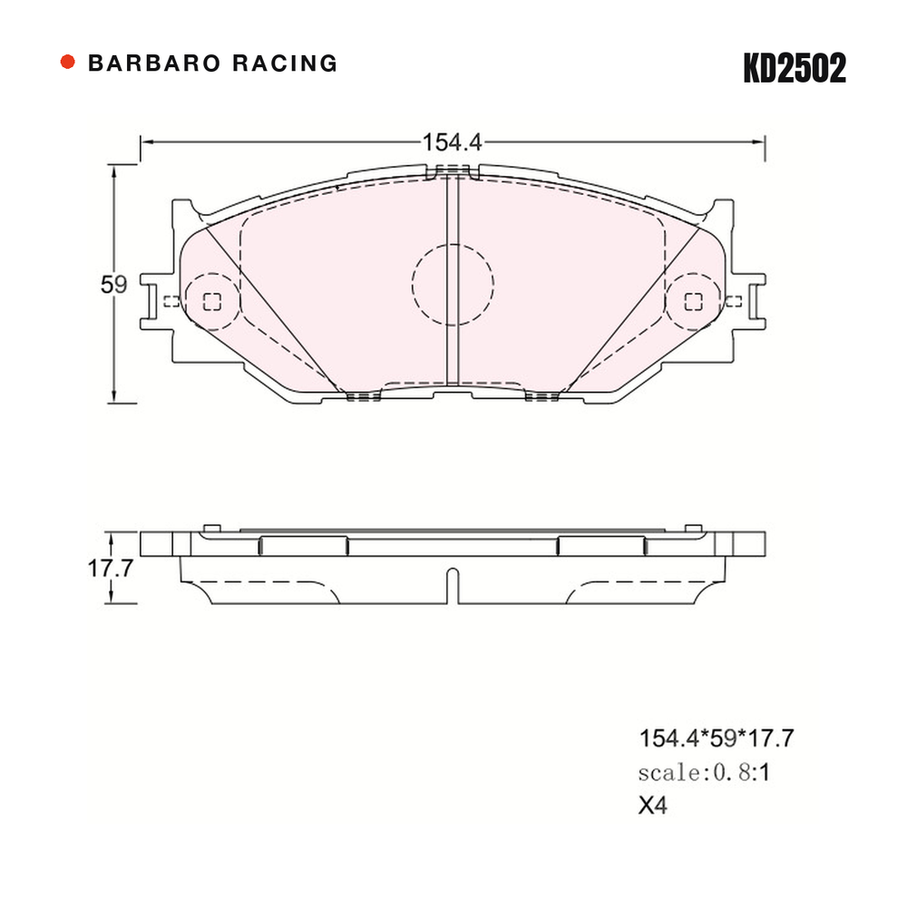 Barbaro Racing KD2502 brake pad shape drawing - 154.6 x 58.9 x 17.7 mm