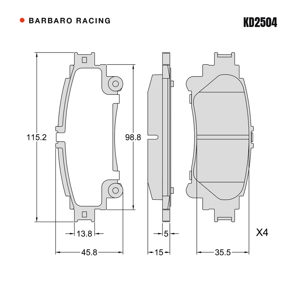 Barbaro Racing KD2504 brake pad shape drawing - 115.2 x 45.8 x 15 mm
