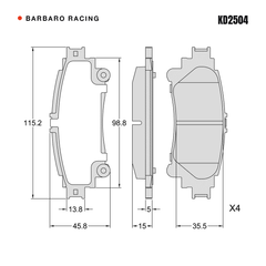 Barbaro Racing KD2504 brake pad shape drawing - 115.2 x 45.8 x 15 mm
