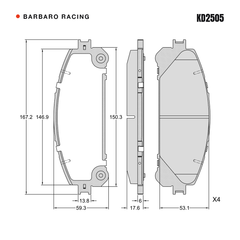 Barbaro Racing KD2505 brake pad shape drawing - 167.2 x 59.4 x 17.6 mm