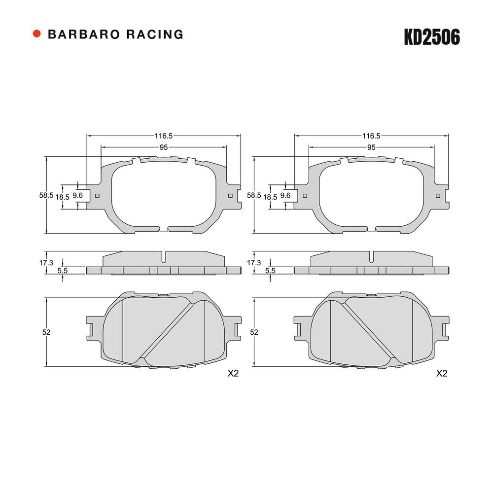 Barbaro Racing KD2506 brake pad shape drawing - 117.5 x 58.4 x 17.3 mm