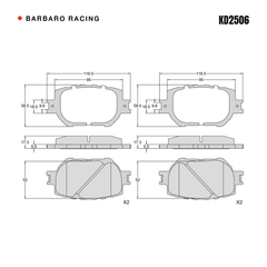 Barbaro Racing KD2506 brake pad shape drawing - 117.5 x 58.4 x 17.3 mm