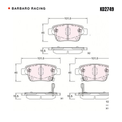 Barbaro Racing KD2749 brake pad shape drawing - 101.8 x 46 x 15.5 mm