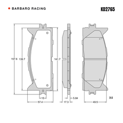 Barbaro Racing KD2765 brake pad shape drawing - 157.6 x 57.3 x 17.3 mm