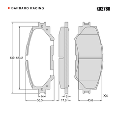 Barbaro Racing KD2780 brake pad shape drawing - 139 x 55.5 x 17.6 mm