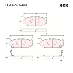 Barbaro Racing KD3036 brake pad shape drawing - 108.4 x 45.1 x 14.5 mm