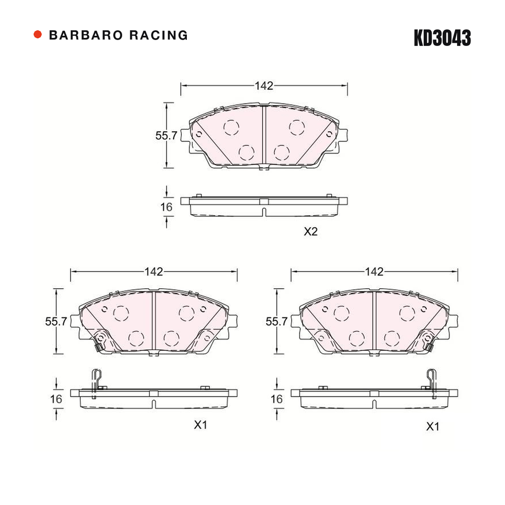 Barbaro Racing KD3043 brake pad shape drawing - 142 x 55.7 x 16 mm