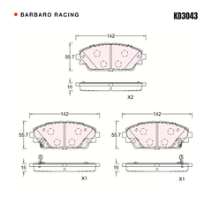 Barbaro Racing KD3043 brake pad shape drawing - 142 x 55.7 x 16 mm