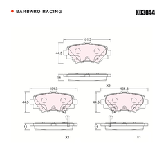 Barbaro Racing KD3044 brake pad shape drawing - 101.3 x 44.5 x 14 mm