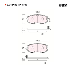 Barbaro Racing KD3054 brake pad shape drawing - 137.2 x 57 x 16.8 mm