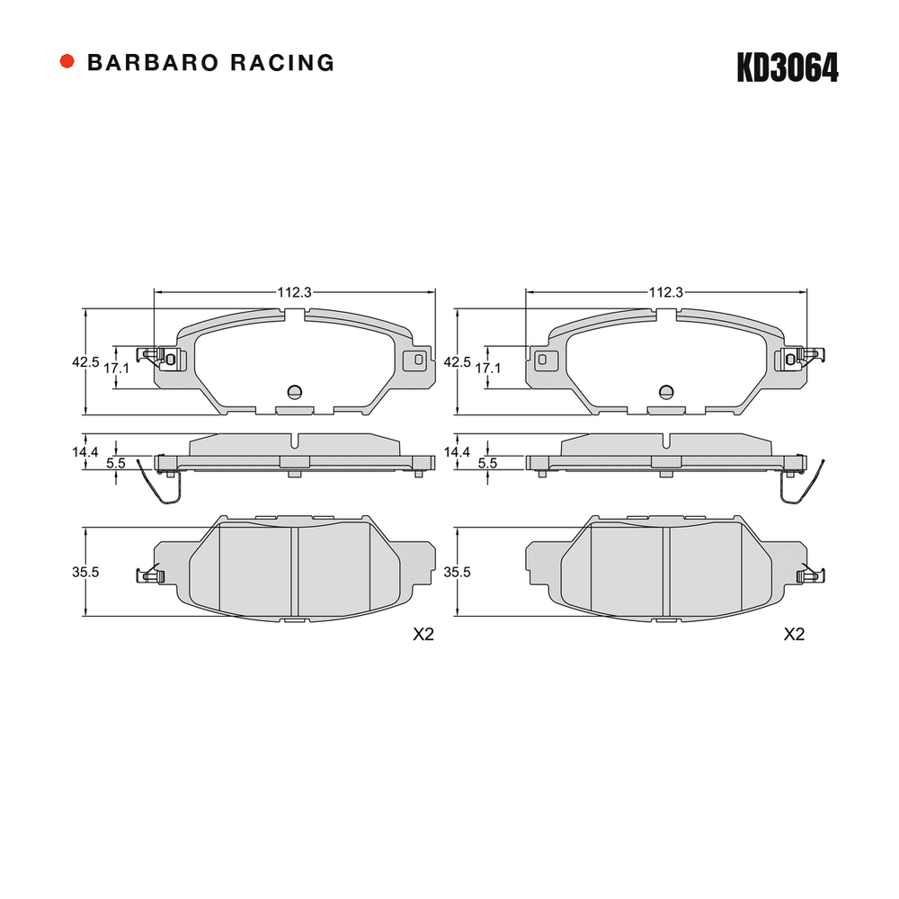 Barbaro Racing KD3064 brake pad shape drawing - 112.3 x 42.5 x 14.4 mm
