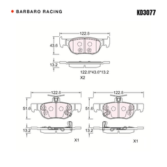 Barbaro Racing KD3077 brake pad shape drawing - 122.8 x 43.6 x 13.2 mm