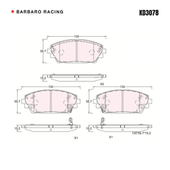 Barbaro Racing KD3078 brake pad shape drawing - 138 x 55.7 x 15.2 mm