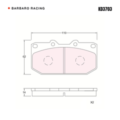 Barbaro Racing KD3703 brake pad shape drawing - 119 x 62 x 14 mm