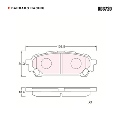 Barbaro Racing KD3720 brake pad shape drawing - 108.8 x 39.3 x 13.4 mm