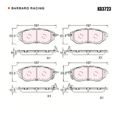 Barbaro Racing KD3723 brake pad shape drawing - 157 x 63.3 x 16.5 mm