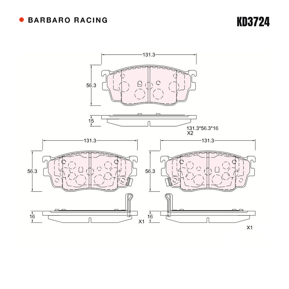 Barbaro Racing KD3724 brake pad shape drawing - 131.3 x 56.3 x 16 mm