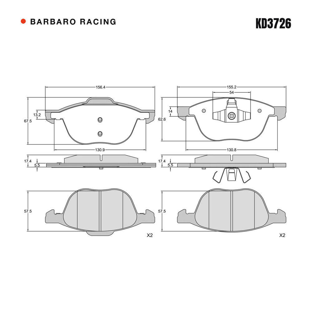 Barbaro Racing KD3726 brake pad shape drawing - 156.4 x 67.3 x 17.4 mm