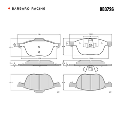 Barbaro Racing KD3726 brake pad shape drawing - 156.4 x 67.3 x 17.4 mm