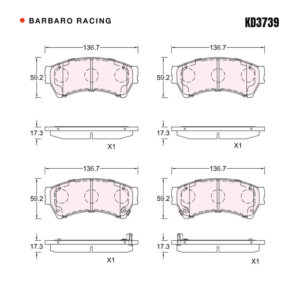 Barbaro Racing KD3739 brake pad shape drawing - 136.7 x 59.2 x 17.3 mm
