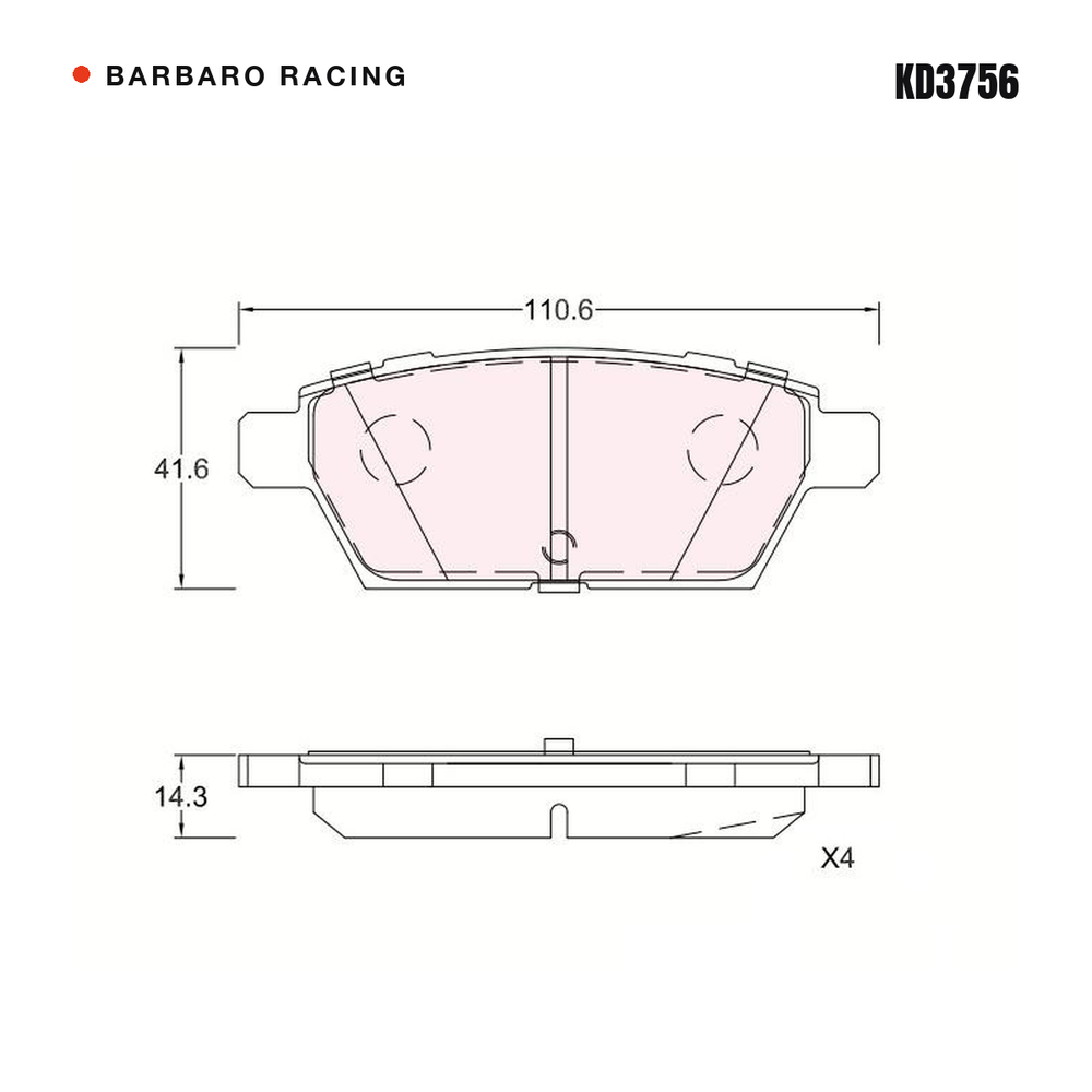 Barbaro Racing KD3756 brake pad shape drawing - 110.6 x 41.6 x 14.3 mm
