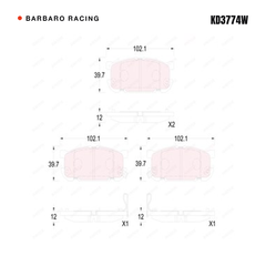 Barbaro Racing KD3774W brake pad shape drawing - 102.1 x 39.7 x 12 mm