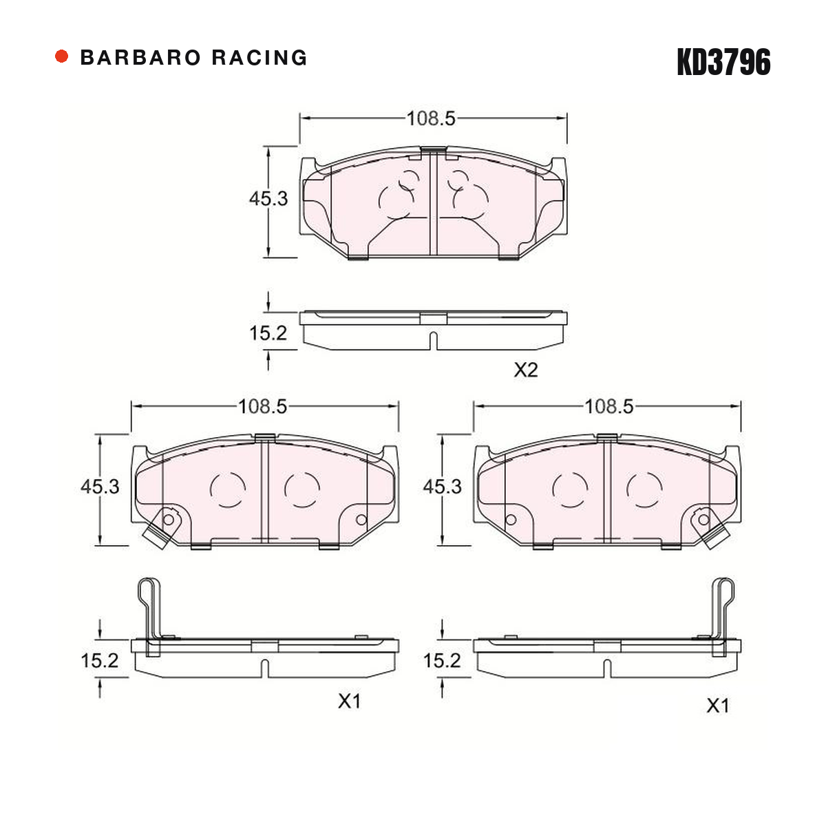 Barbaro Racing KD3796 brake pad shape drawing - 108.5 x 45.3 x 15.2 mm