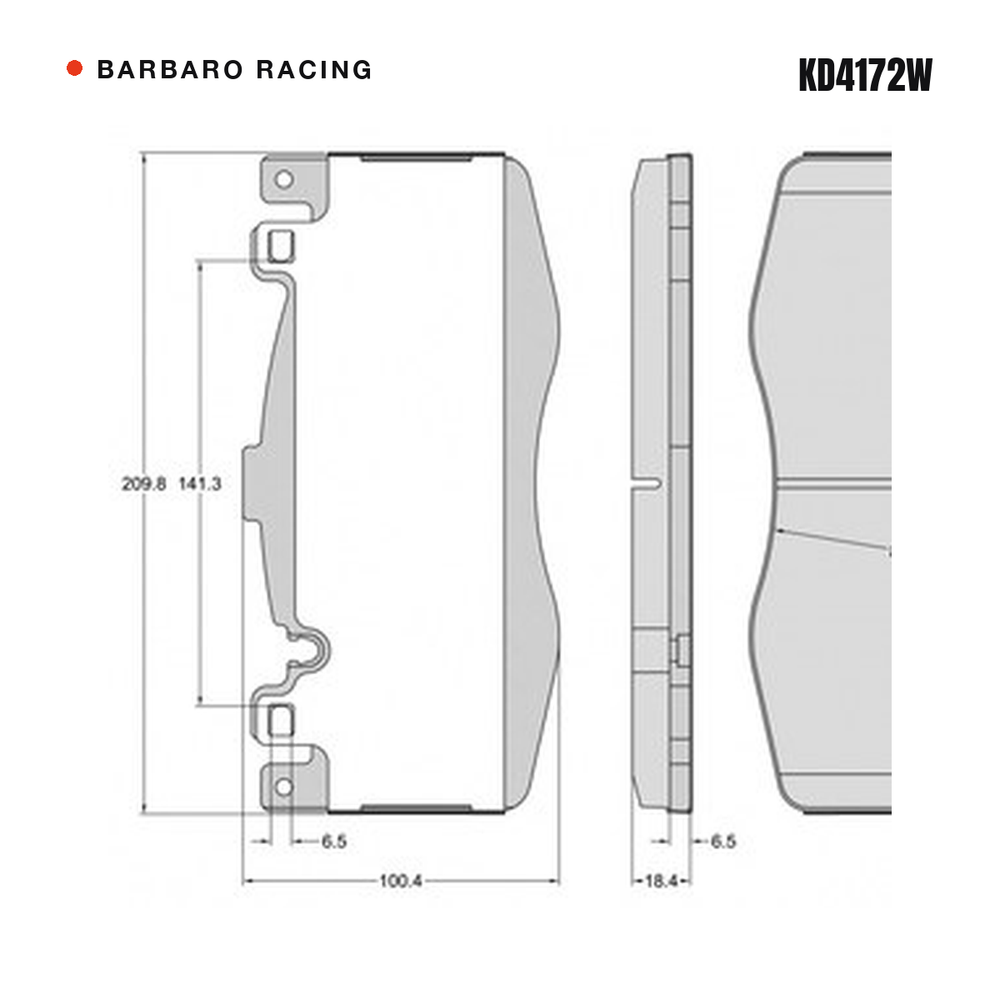 Barbaro Racing KD4172W brake pad shape drawing - 209.8 x 100.4 x 18.4 mm
