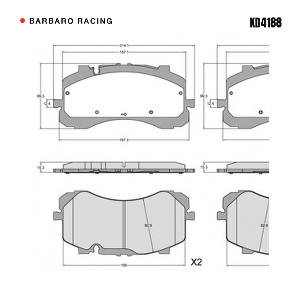 Barbaro Racing KD4188 brake pad shape drawing - 214.1 x 99.3 x 15.3 mm