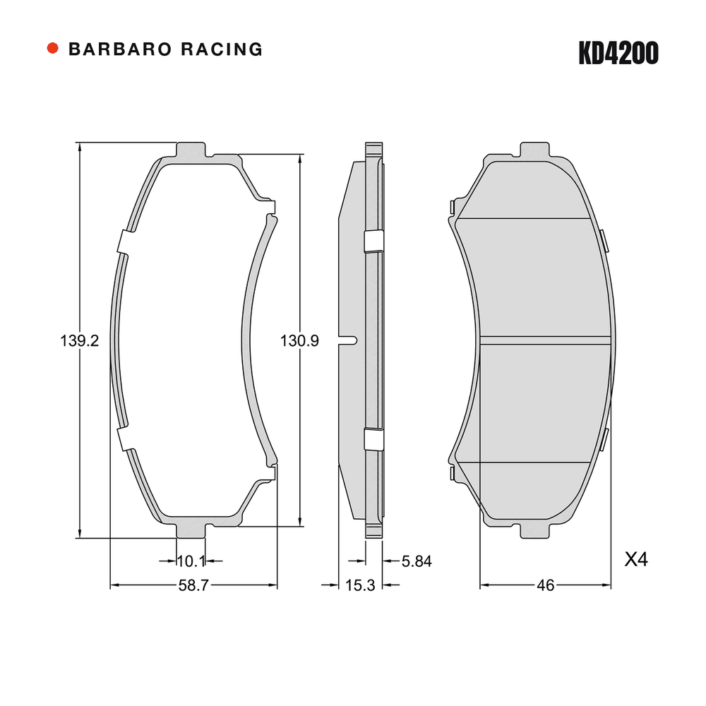 Barbaro Racing KD4200 brake pad shape drawing - 139.3 x 58.8 x 15.3 mm