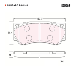 Barbaro Racing KD5002 brake pad shape drawing - 133.7 x 58.4 x 15 mm