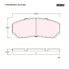 Barbaro Racing KD5003 brake pad shape drawing - 132.3 x 55.9 x 15.4 mm
