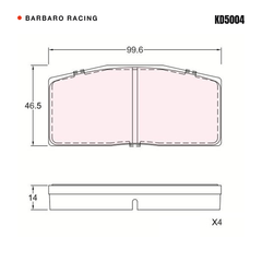 Barbaro Racing KD5004 brake pad shape drawing - 99.6 x 46.5 x 14 mm