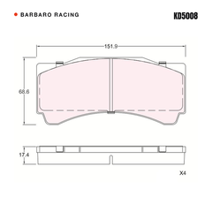 Barbaro Racing KD5008 brake pad shape drawing - 151.9 x 68.6 x 17.4 mm