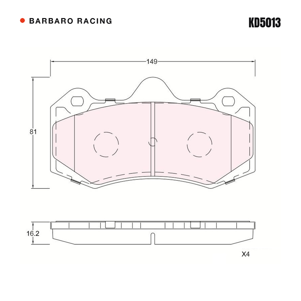 Barbaro Racing KD5013 brake pad shape drawing - 149 x 81 x 16.2 mm